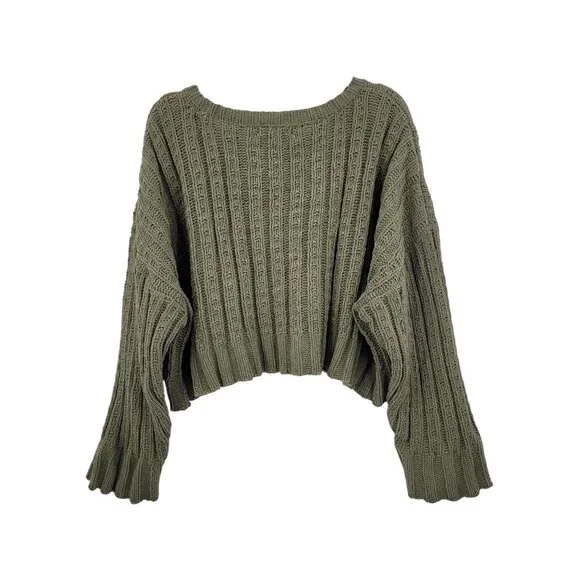 Arizona Jean Chunky Cable Knit Cropped Sweater‎ Sz XXL Olive Green Diamond Boho - Picture 2 of 9